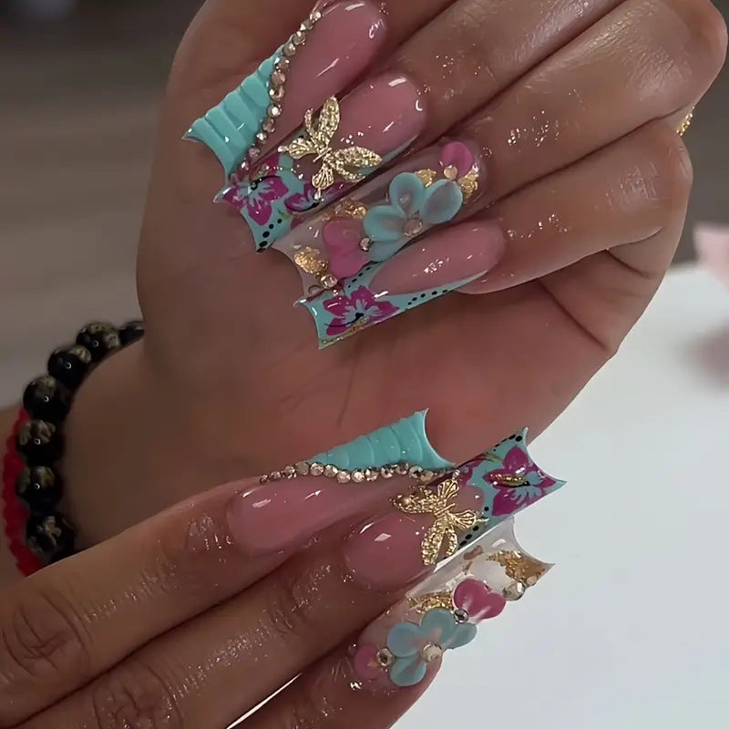 Artistic Floral-Embellished Press-On Nail Set Bowlift