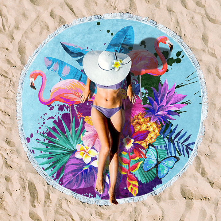 Round beach towel with vibrant tropical pattern Bowlift