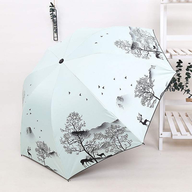 Ladies Foldable Umbrella with Artistic Nature Design Bowlift