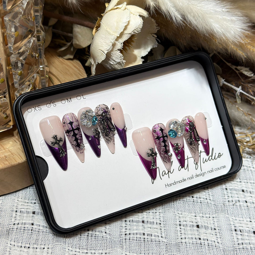 Artistic Stiletto Press-On Nail Set with Unique Floral and Gemstone Accents Bowlift