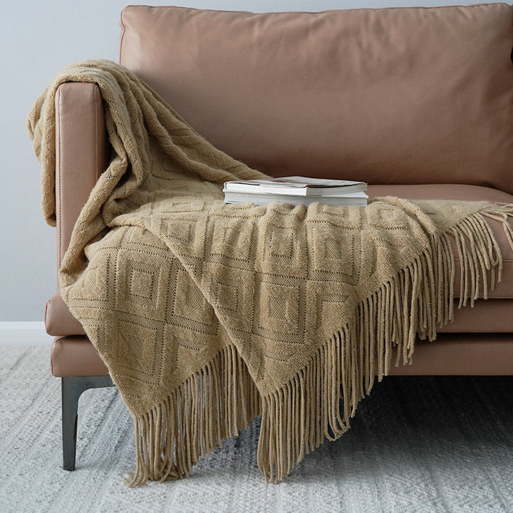 Textured Fringe Knit Throw Blanket