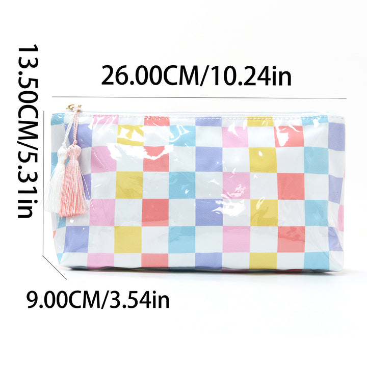 Cosmetic storage bag with water-repellent surface and tassel detail Bowlift