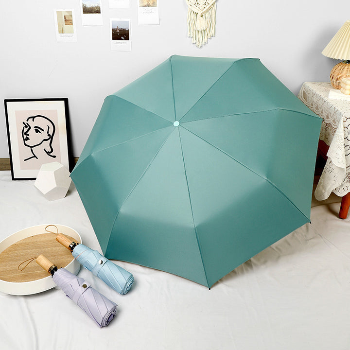 Ladies elegant folding umbrella in portrait format with stylish wooden handle Bowlift