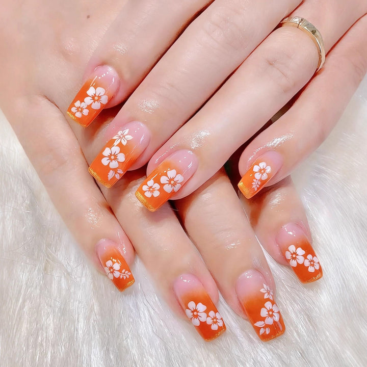 Artificial nails with tropical flower pattern and gradient Bowlift