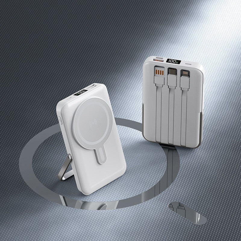 Portable power bank with integrated charging cable and wireless charging function Bowlift