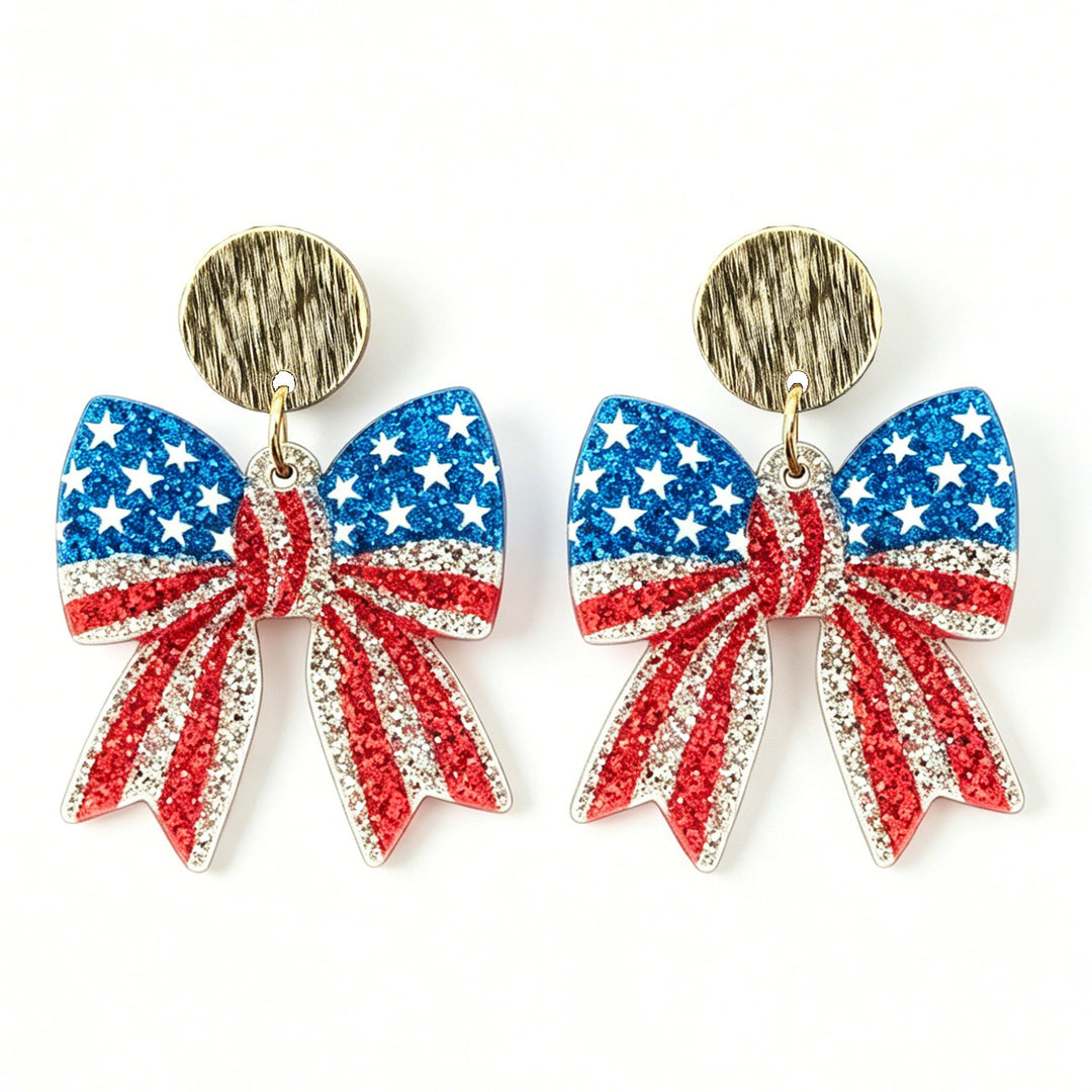 Ladies nan glittering bow earrings with stud closure and star stripe motif Bowlift