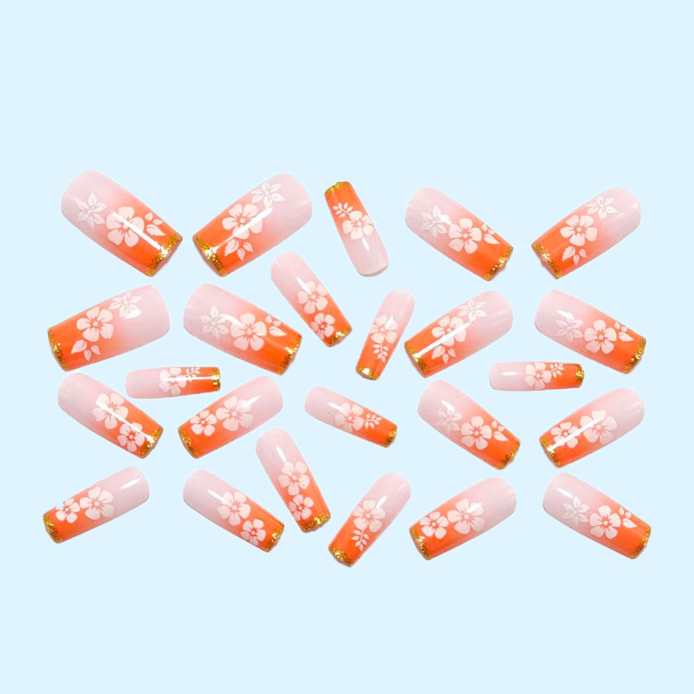 Artificial nails with tropical flower pattern and gradient Bowlift