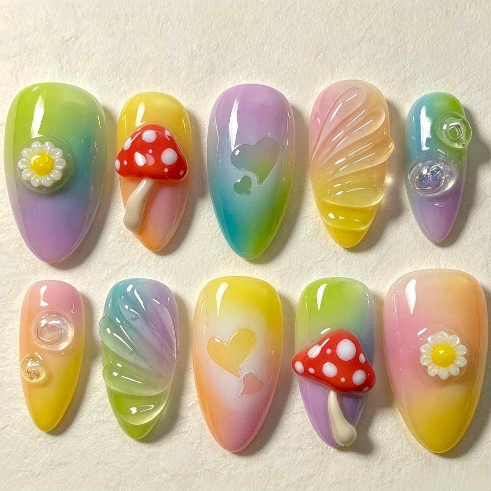 Artificial nails with cheerful flower and mushroom patterns Bowlift