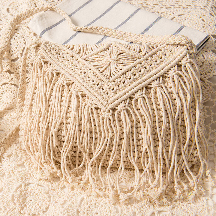Macrame Handbag with Fringes and Adjustable Shoulder Strap Bowlift