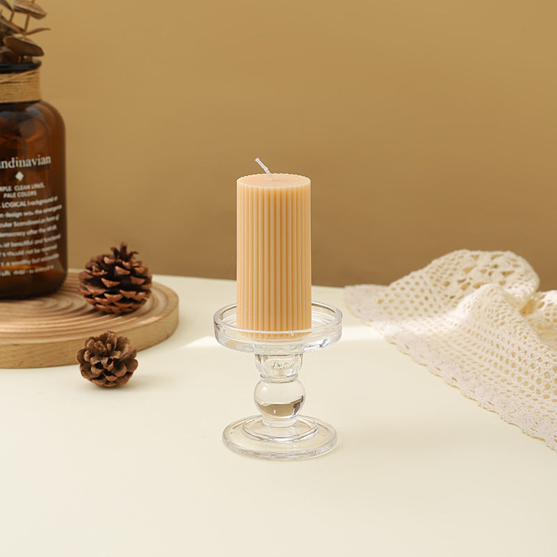 Ribbed Decorative Pillar Candle with Crystal Glass Pedestal Holder