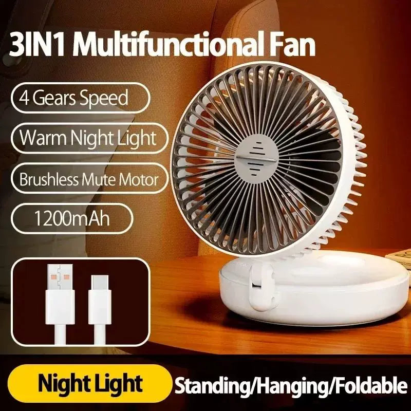 Unisex one size compact folding rechargeable USB Type C desk fan with adjustable tilt angle and integrated LED night light Bowlift