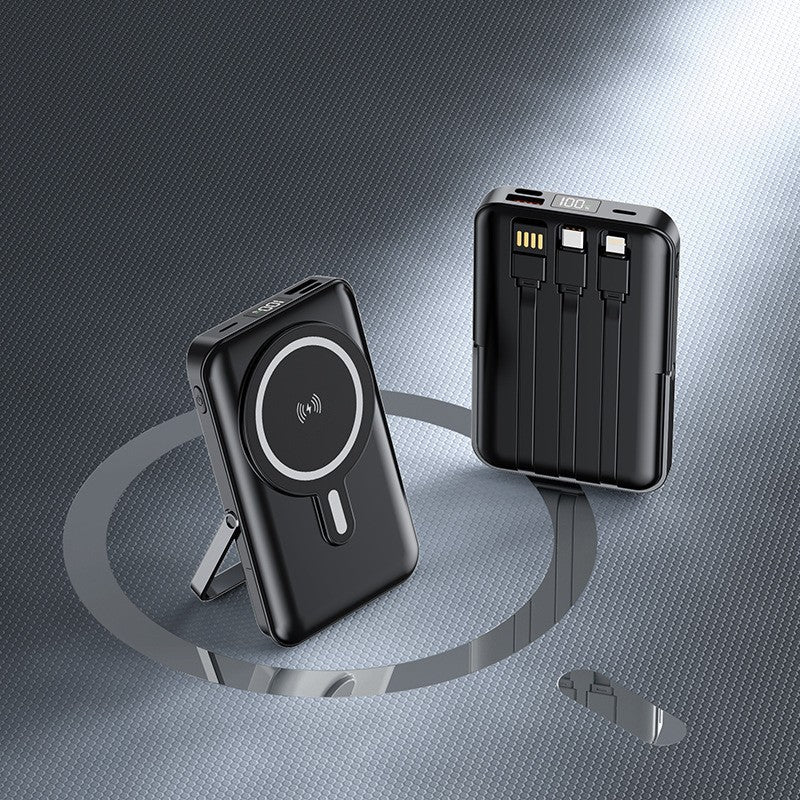 Portable power bank with integrated charging cable and wireless charging function Bowlift