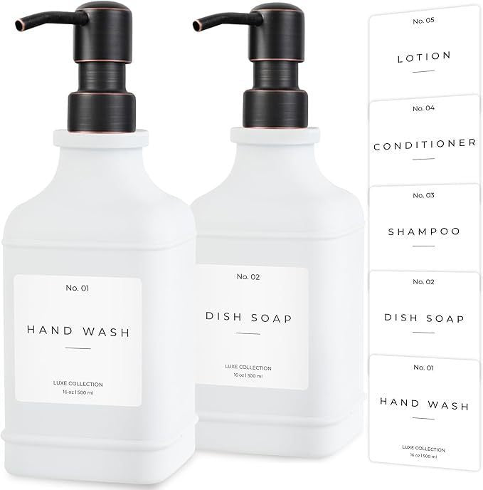 Refillable Pump Dispenser Set Matte Ceramic-Style Bottles with Gold Metal Pumps & Removable Labels Bowlift