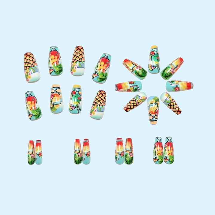 Artificial nail set with tropical drink motif and colorful accents Bowlift