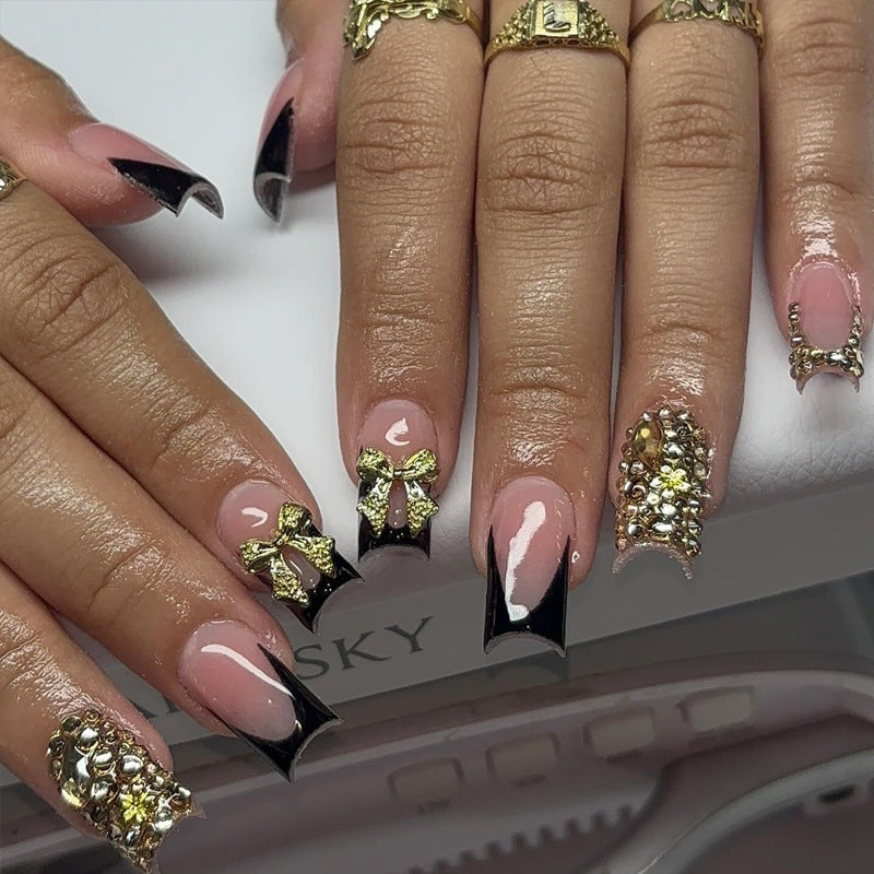 Decorative Press-On Nail Set with Gemstone Accents Bowlift