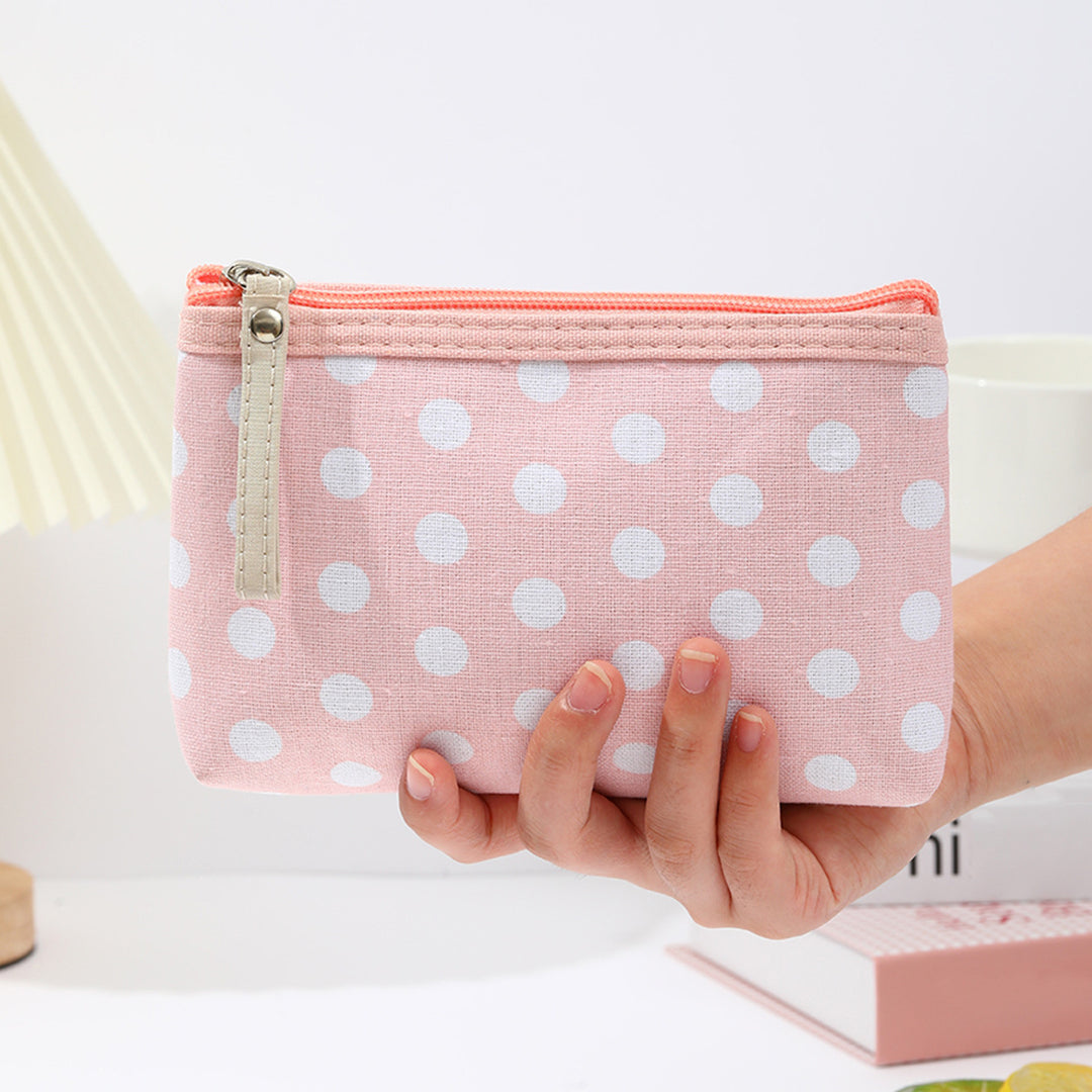Canvas polka dot cosmetic pouch with zippered faux leather pull Bowlift