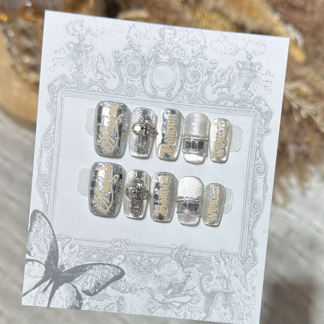 Metallic Press-On Nail Set with Decorative Silver Accents Bowlift