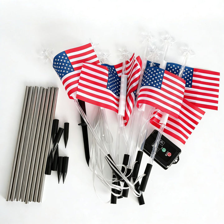 Unisex solar-powered ground spikes with mini flags and glowing star LEDs Bowlift