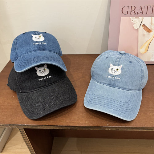 Women's Casual Cotton Baseball Cap with Cat Embroidery Bowlift