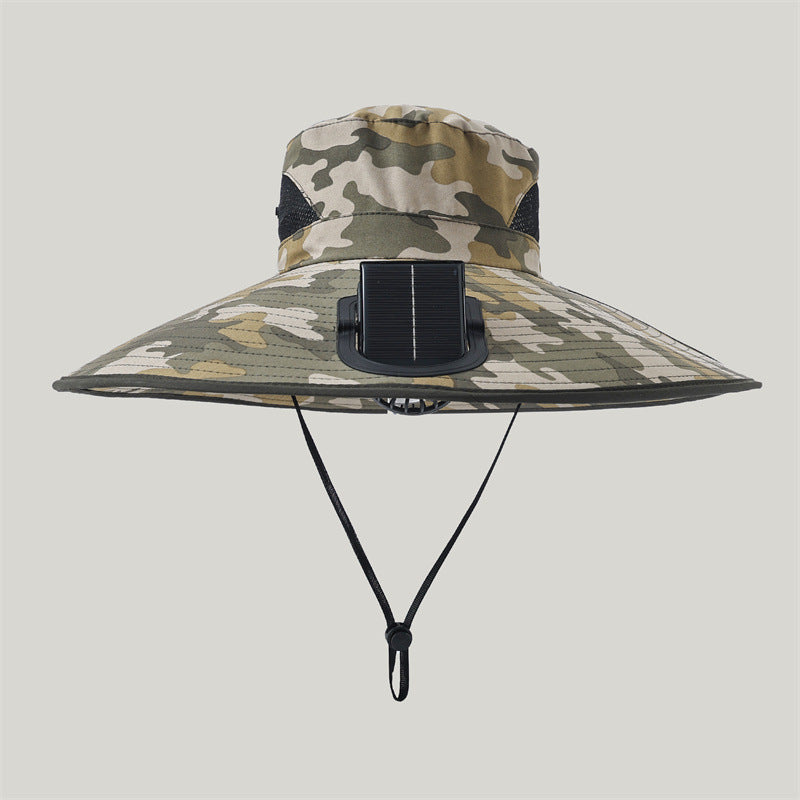 Wide-brimmed outdoor sun hat with solar-powered micro fan, breathable mesh and adjustable chin strap Bowlift