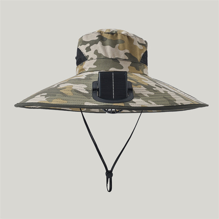 Wide-brimmed outdoor sun hat with solar-powered micro fan, breathable mesh and adjustable chin strap Bowlift