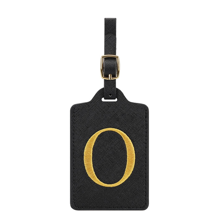 embroidered initial monogram leather luggage tag with adjustable buckle strap Bowlift