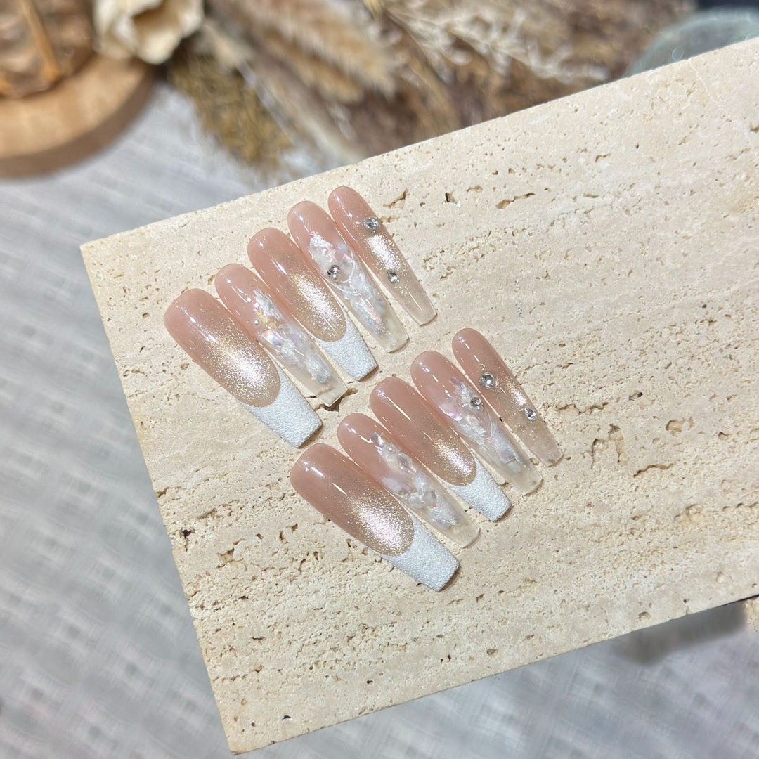 Elegant Press-On Nail Set with Floral and Gemstone Accents Bowlift