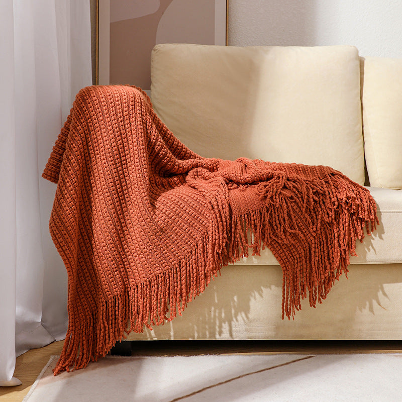 Textured Fringe Knit Throw Blanket Bowlift