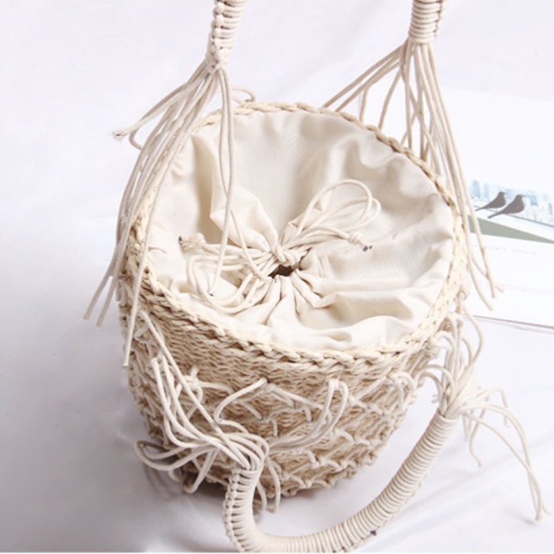 Braided Macrame Shoulder Bag with Decorative Fringe Bowlift