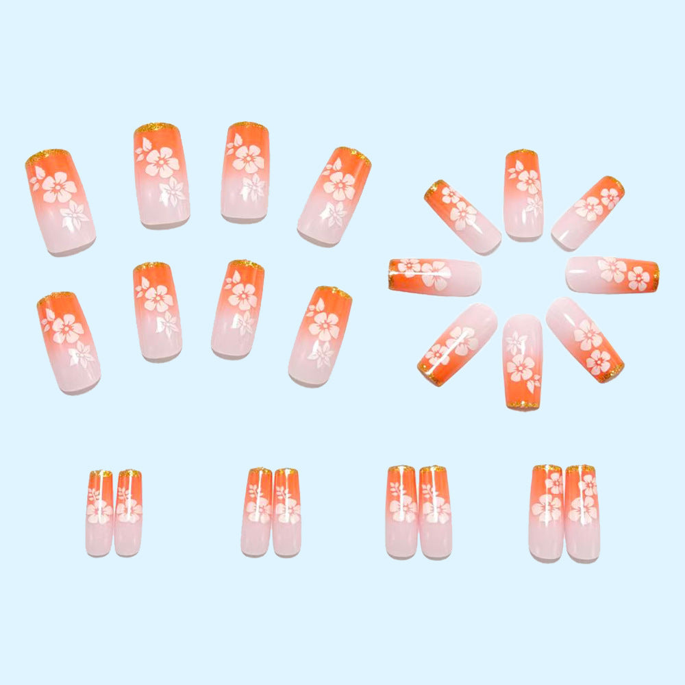 Artificial nails with tropical flower pattern and gradient Bowlift