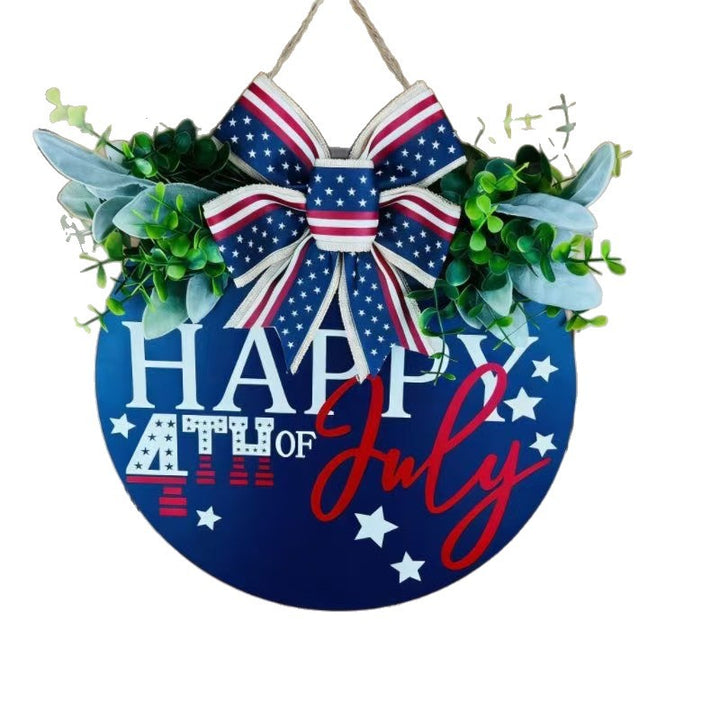 Unisex nan Patriotic Round Wooden Door Sign with Bow and Faux Greenery Bowlift