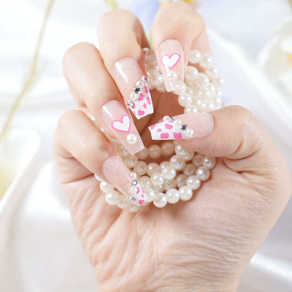 Decorative 3D Heart and Leopard Print Press-On Nail Set Bowlift