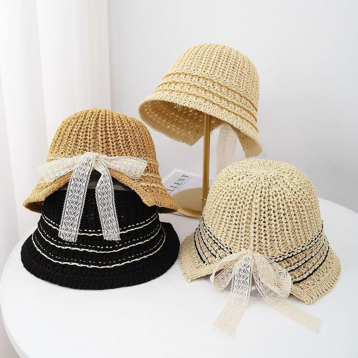 Crocheted Raffia Bucket Sun Hat with Lace Tie and Braided Trim Bowlift