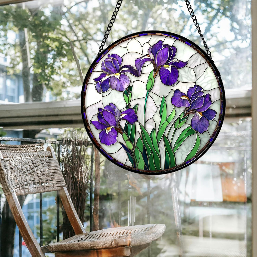 Round Stained Glass Suncatcher Window Panel With Purple Iris Tiffany-Style Leaded Art Glass
