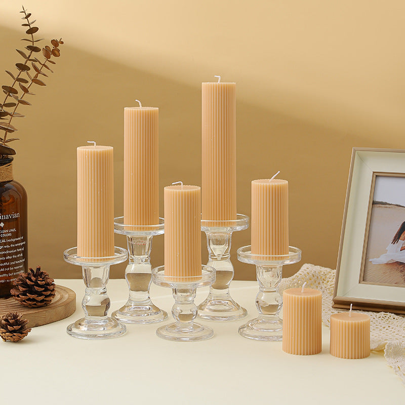 Ribbed Decorative Pillar Candle with Crystal Glass Pedestal Holder