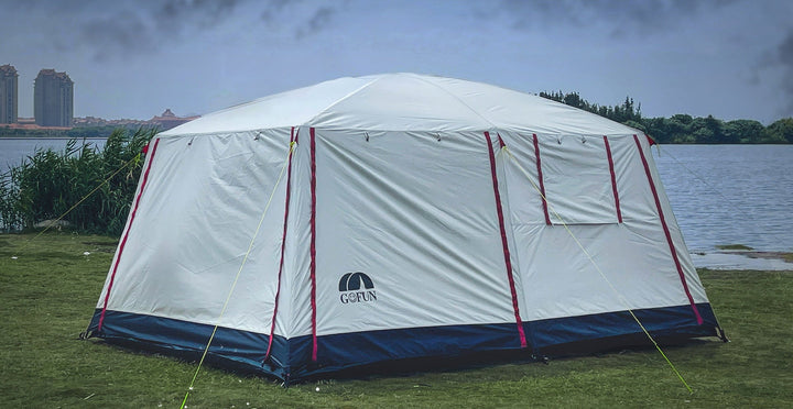 large family capacity blackout PVC dome tent with triple-door multi-window living area Bowlift