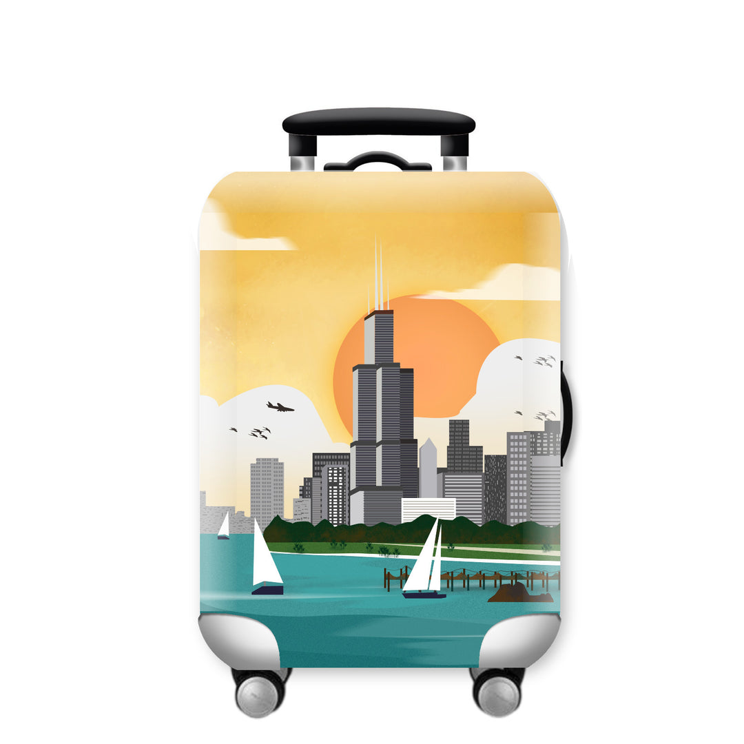 Women Hard Shell Suitcase with Urban Skyline Motif Bowlift