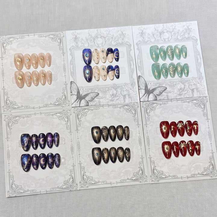 Decorative Press-On Nail Set with Celestial Accents Bowlift