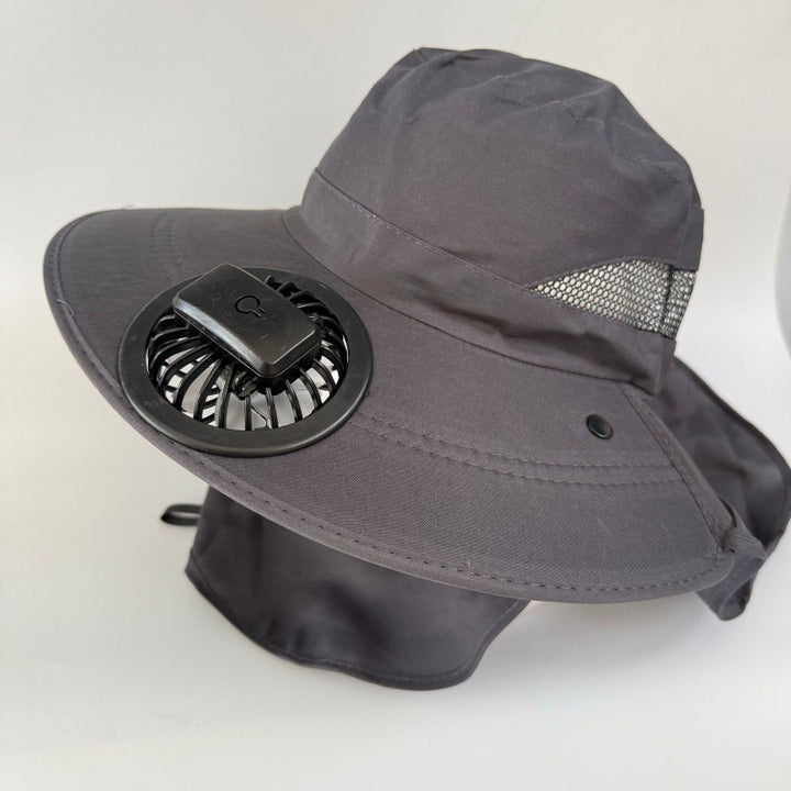 Non-ventilated sun hat with removable fan, neck protection, and adjustable chin strap Bowlift