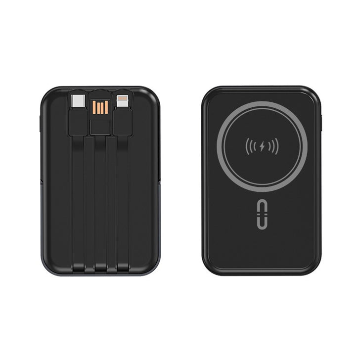 Portable power bank with integrated charging cable and wireless charging function Bowlift
