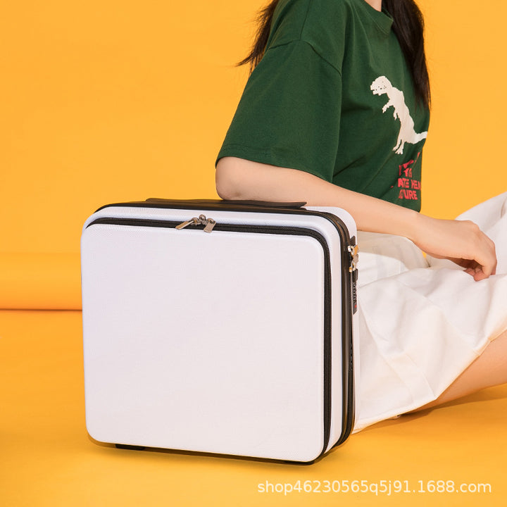 compact hard-shell travel vanity makeup case with TSA combination lock and dual-zip compartments Bowlift