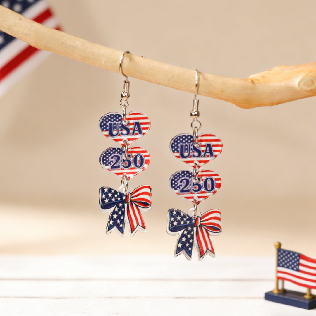 Women's acrylic statement earrings long pendant bow motif with patriotic print Bowlift