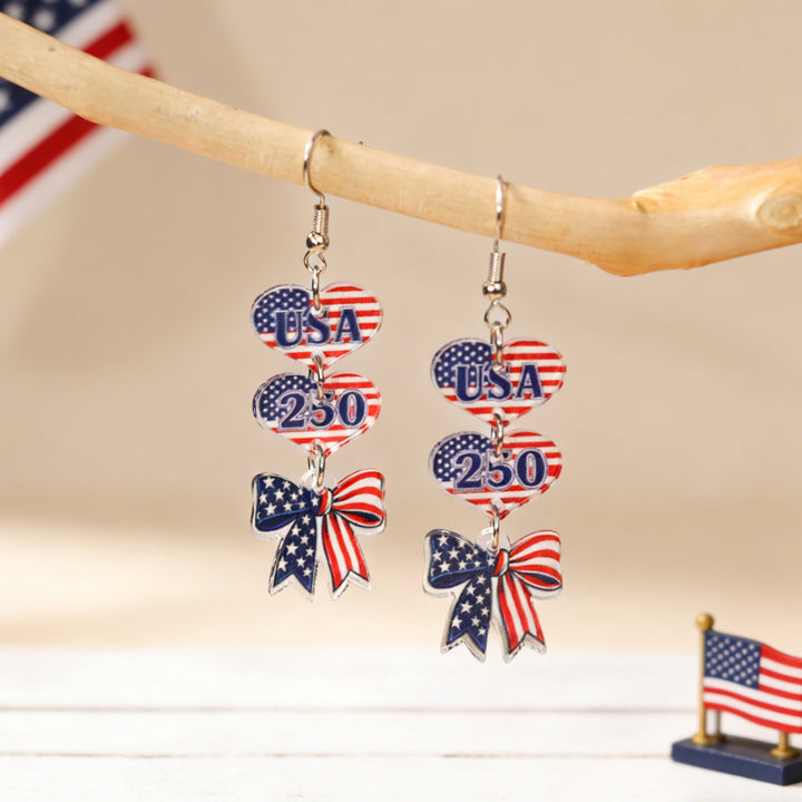 Women's acrylic statement earrings long pendant bow motif with patriotic print Bowlift