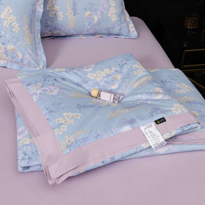 Floral Cotton Sateen Duvet Cover Set With Piped Border And Matching Pillow Shams