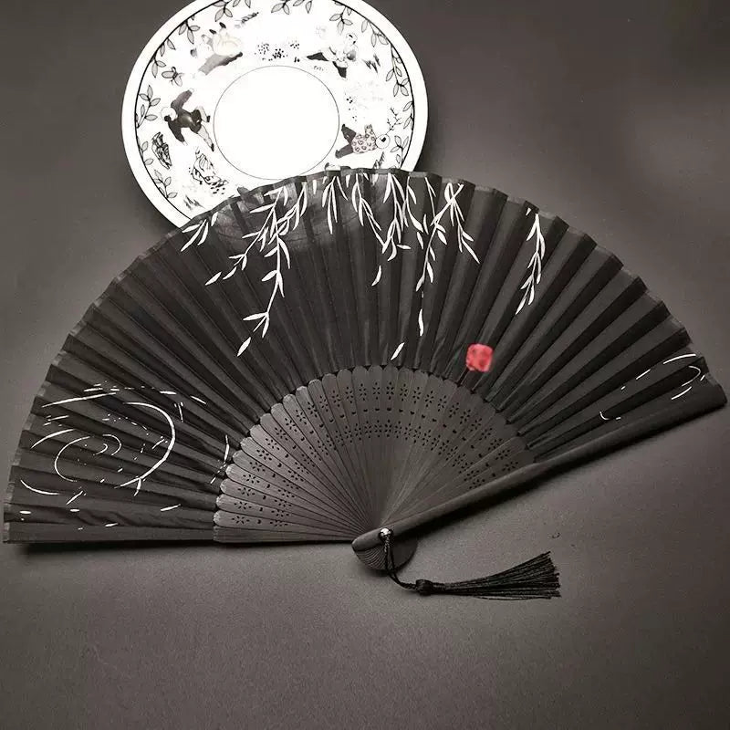 Women One Size Handcrafted Bamboo Pleated Fan with Hand-Painted Calligraphic Willow Design and Decorative Tassel Bowlift