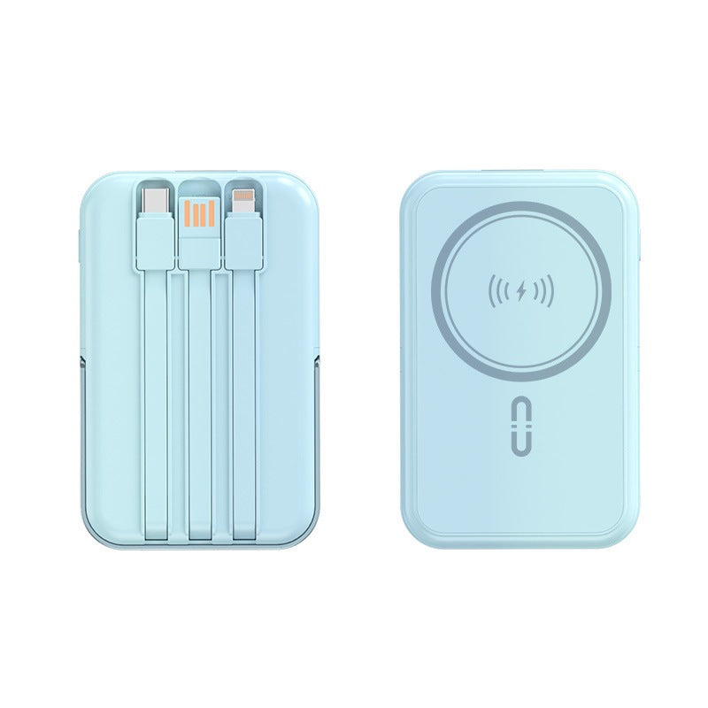 Portable power bank with integrated charging cable and wireless charging function Bowlift