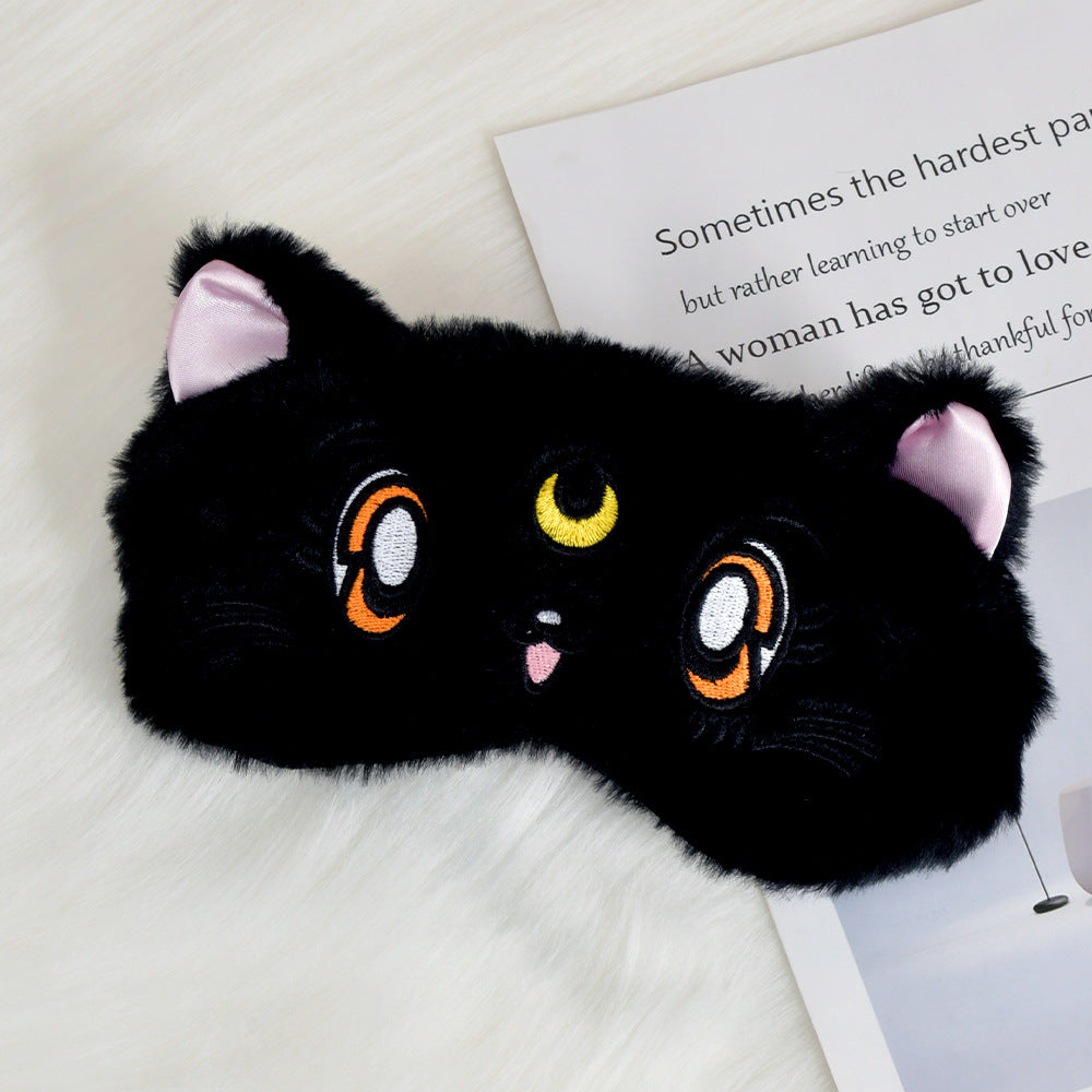 Women's fluffy sleep mask with embroidered cat design and soft comfort ears Bowlift