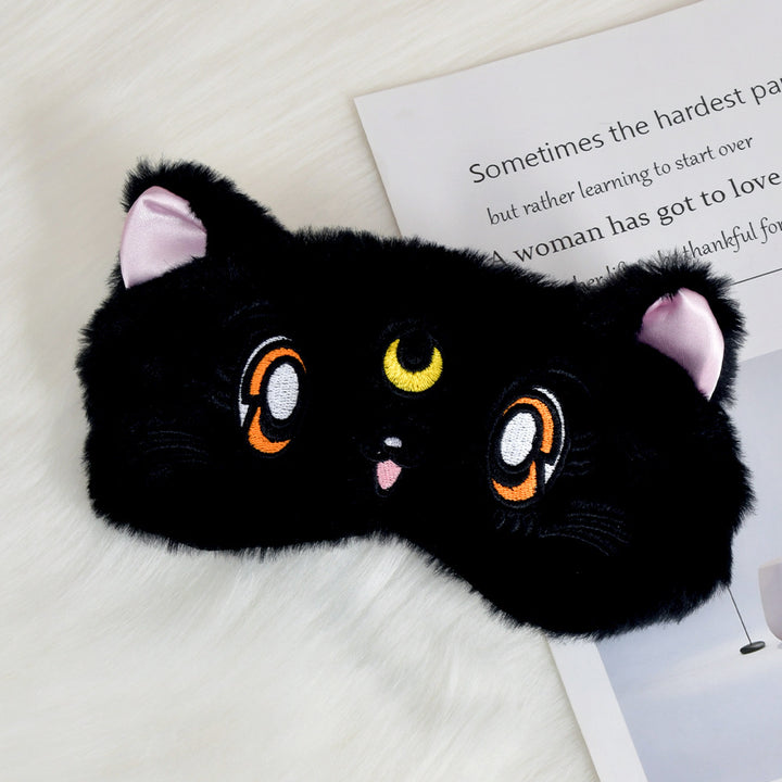 Women's fluffy sleep mask with embroidered cat design and soft comfort ears Bowlift