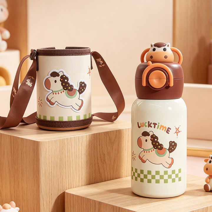 Women's insulated drinking bottle with cute dog design and practical carrying strap Bowlift