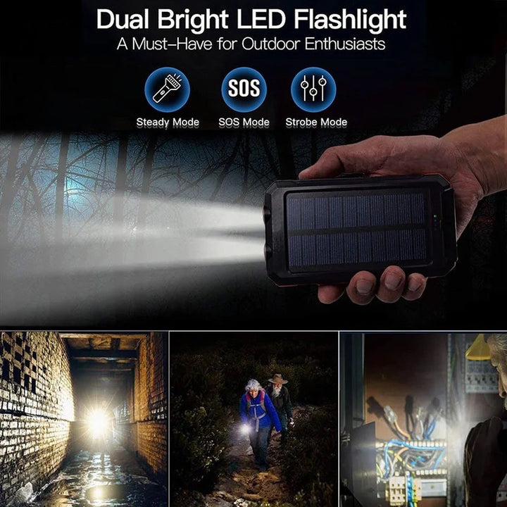 Solar-powered power bank with robust case and integrated LED lighting Bowlift